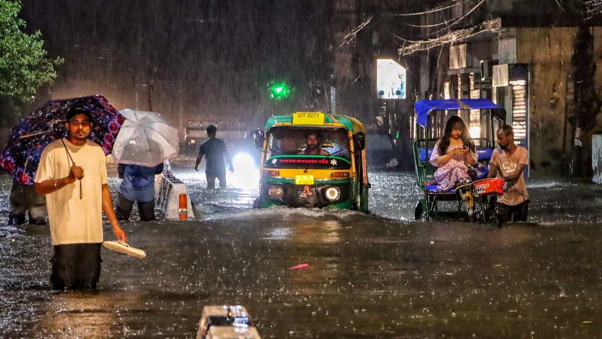 Waterlogged Delhi street after heavy rain during morning hours