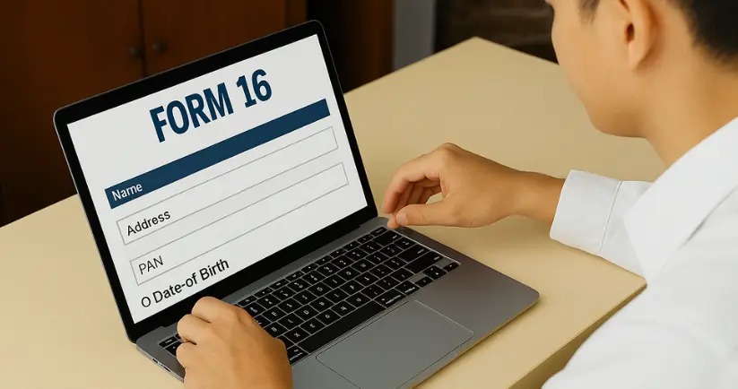 Young professional opening Form 16 on laptop with coffee mug and tax notes