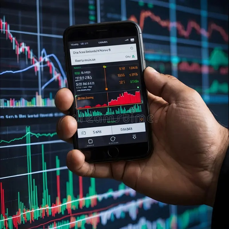 Person trading on phone with warning icons and a social media feed in the background