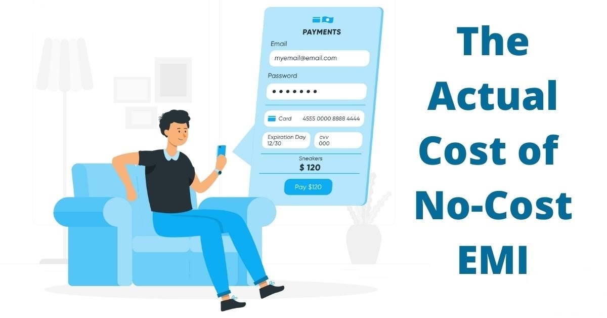 Indian woman comparing no-cost EMI options on smartphone with Vizzve app