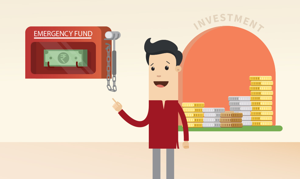 A worried Indian man holding empty wallet with “Emergency Fund” written on a savings jar in the background