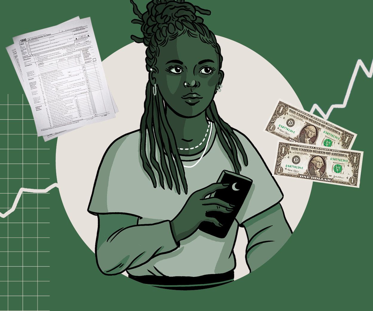 Young man looking confused with phone in hand, surrounded by charts and influencer posts