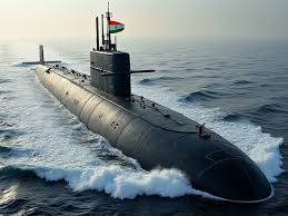 Indian Navy nuclear submarine with hypersonic missile, L&T defense technology in background