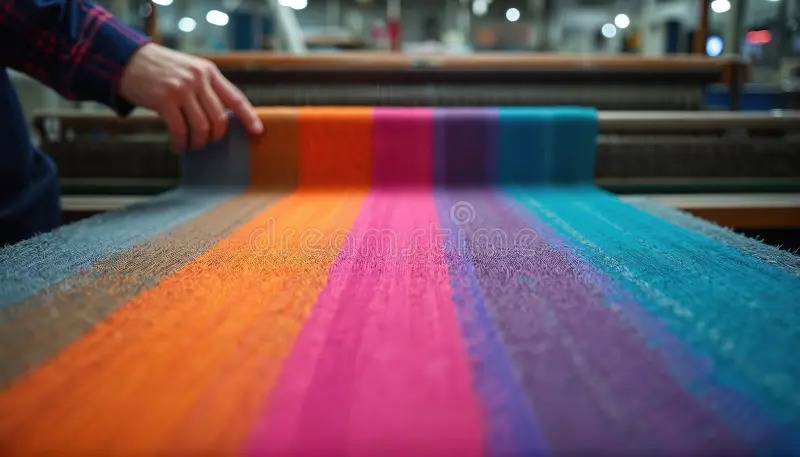 Indian textile worker in factory with fabric rolls