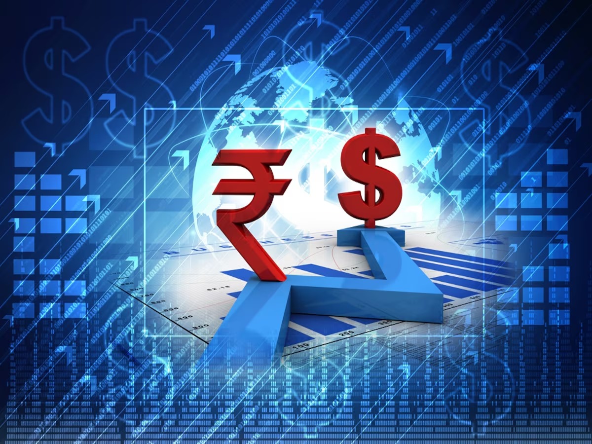 Falling rupee symbol vs dollar with concerned investor in background