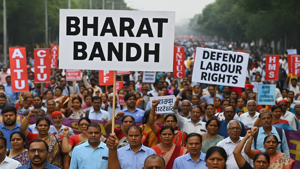 Workers protesting in Indian streets during Bharat Bandh with financial icons in the background