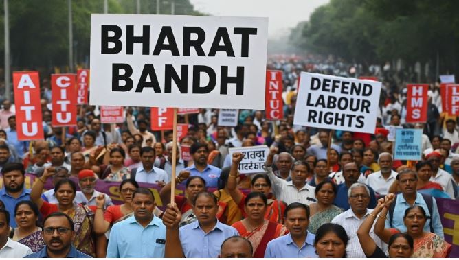 "Closed shop shutters and empty streets during Bharat Bandh on July 9, 2025"