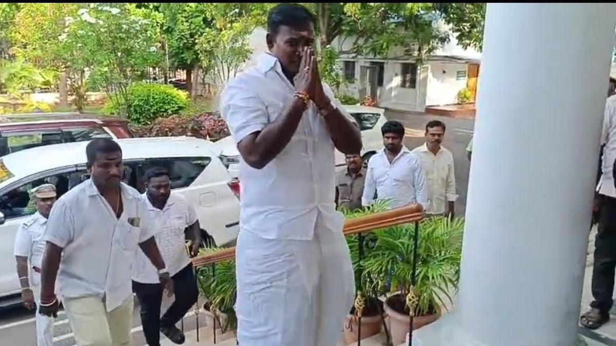 Portrait of Dalit minister AK Sai J Saravanan Kumar at BJP office