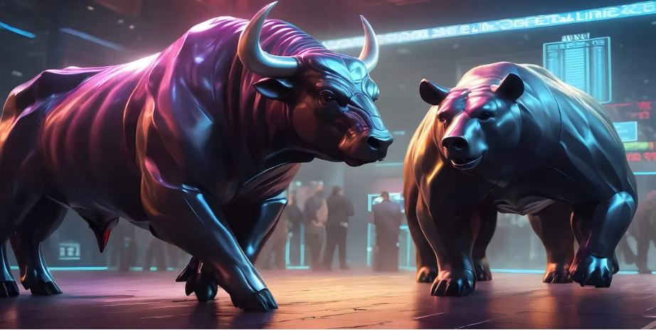 "Stock market display showing Sensex and Nifty updates with Bajaj Finance, HUL, and Ultratech Cement rising"