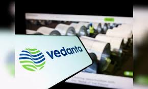 Vedanta logo with red alert background and financial charts in decline