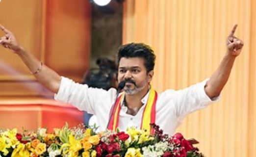 "Actor Vijay addressing supporters during Tamilaga Vettri Kazhagam political meeting"