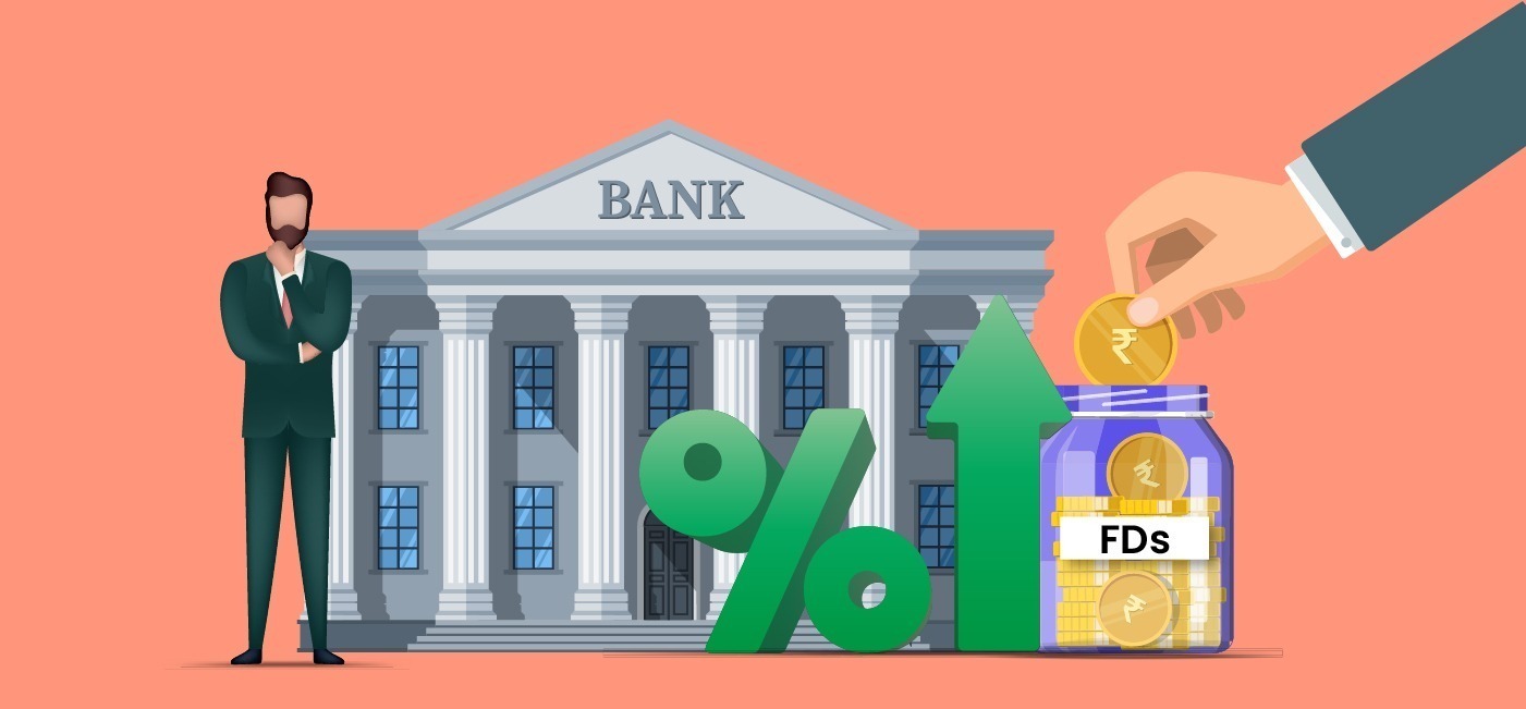 A person depositing cash in a bank with falling interest rate icons in the background – Indian banking paradox