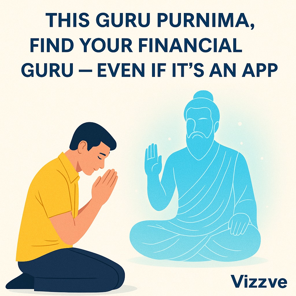 A person bowing before a glowing digital figure symbolizing a financial guru, with Vizzve logo