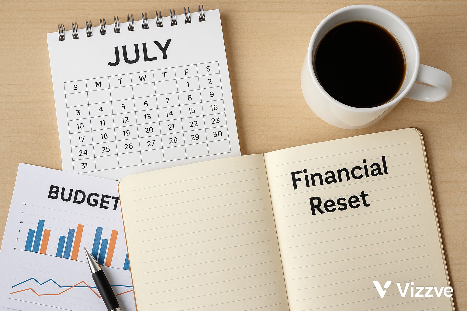 A calendar flipped to July with budget charts, coffee, and a financial journal—symbolizing a mid-year financial review