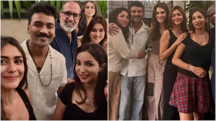 Dhanush smiling alongside Mrunal Thakur, Tamannaah Bhatia, Bhumi Pednekar and Kriti Sanon at the film wrap party