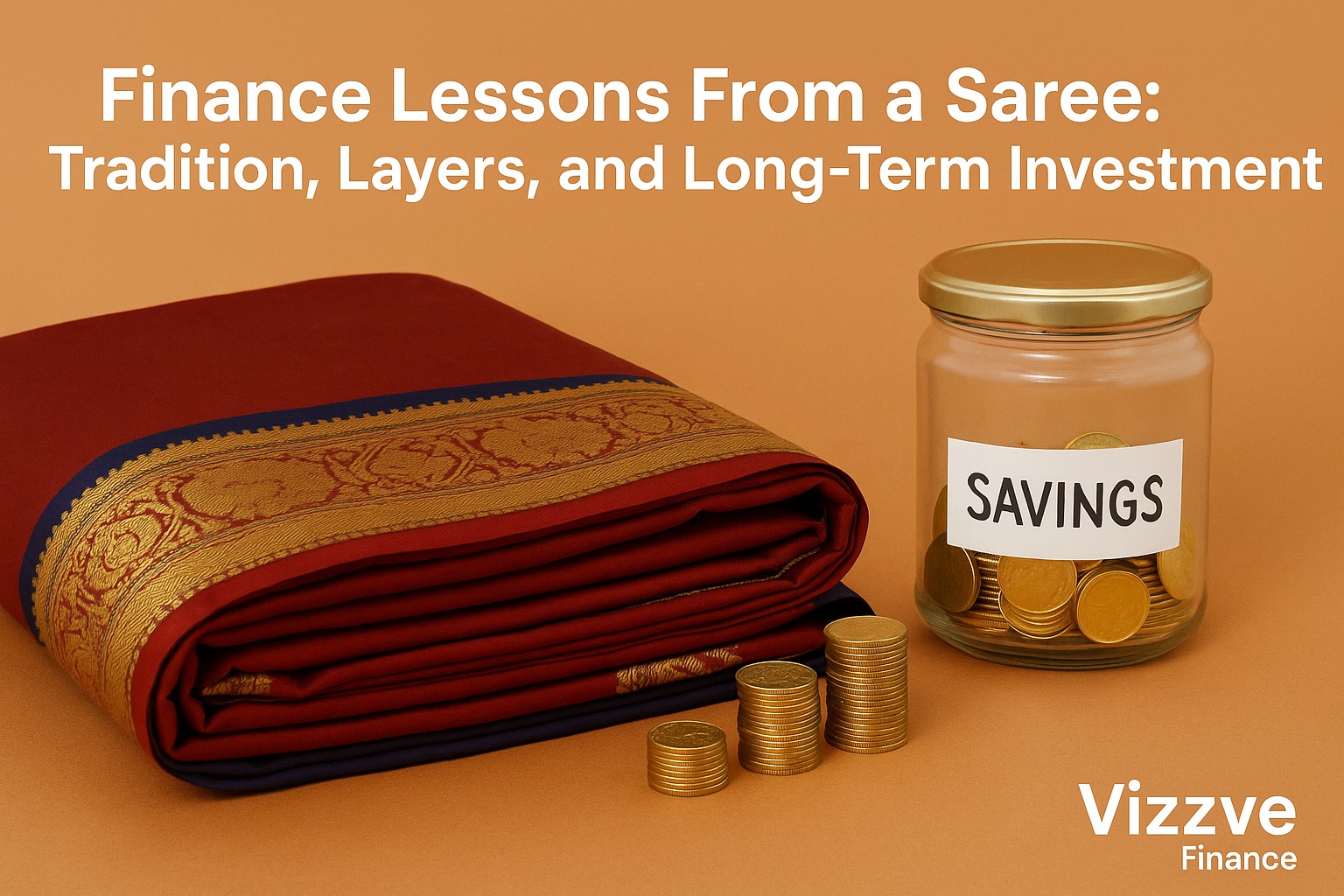 Traditional Indian saree folded neatly beside gold coins and a savings jar, symbolizing layered financial wisdom
