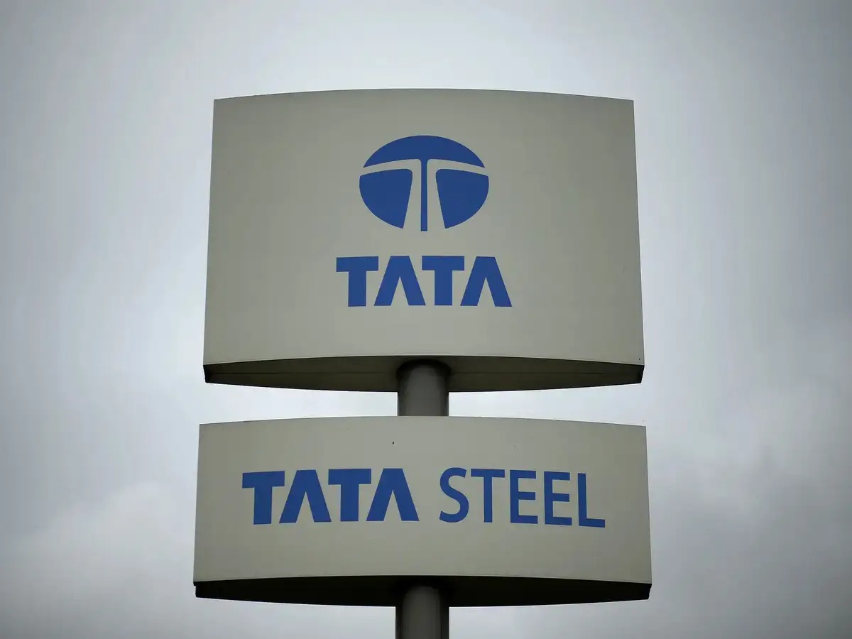 Tata Steel logo with Singapore skyline and financial graphs