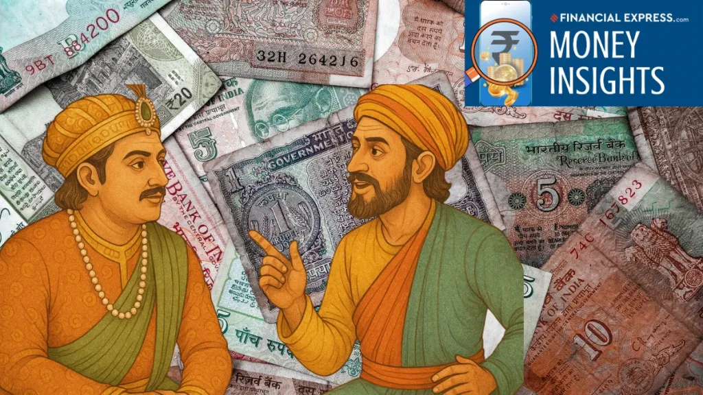 Illustration of Akbar and Birbal discussing money and finance.