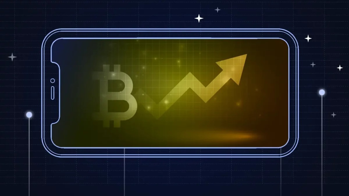 Bitcoin coin rising in value against green market chart showing $1,22,000 milestone