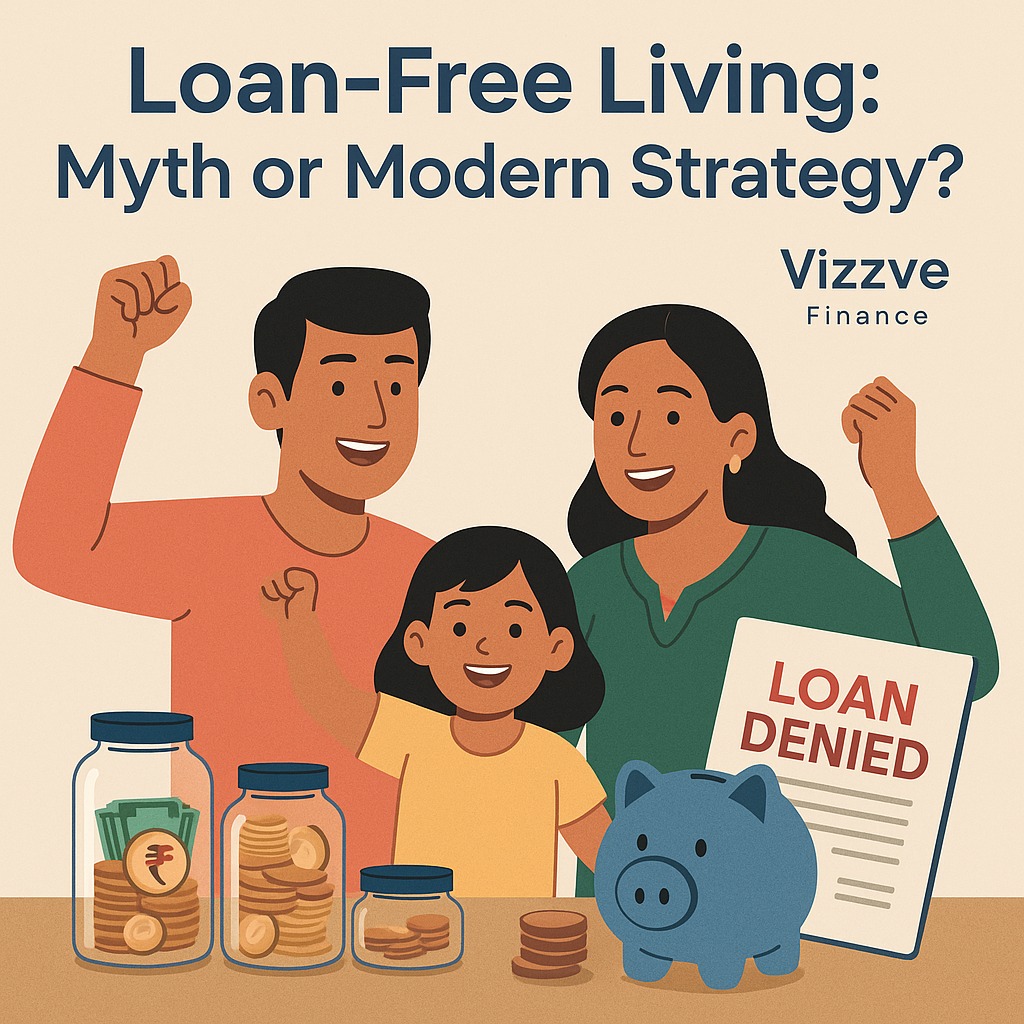 Indian family celebrating debt-free life, surrounded by savings jars and a loan rejection stamp