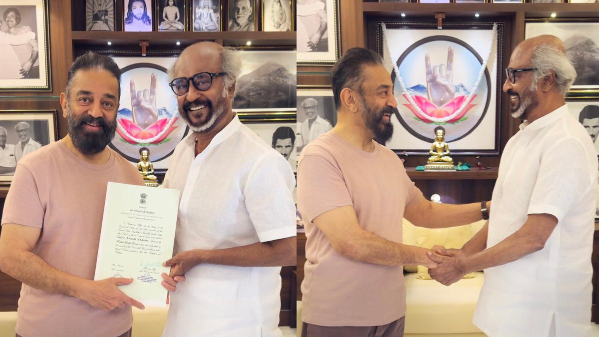 Kamal Haasan and Rajinikanth together before Rajya Sabha oath ceremony