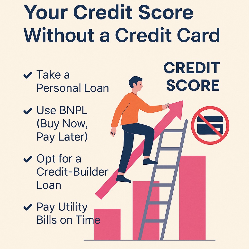 Person climbing ladder labeled “credit score” without using a credit card, Vizzve logo