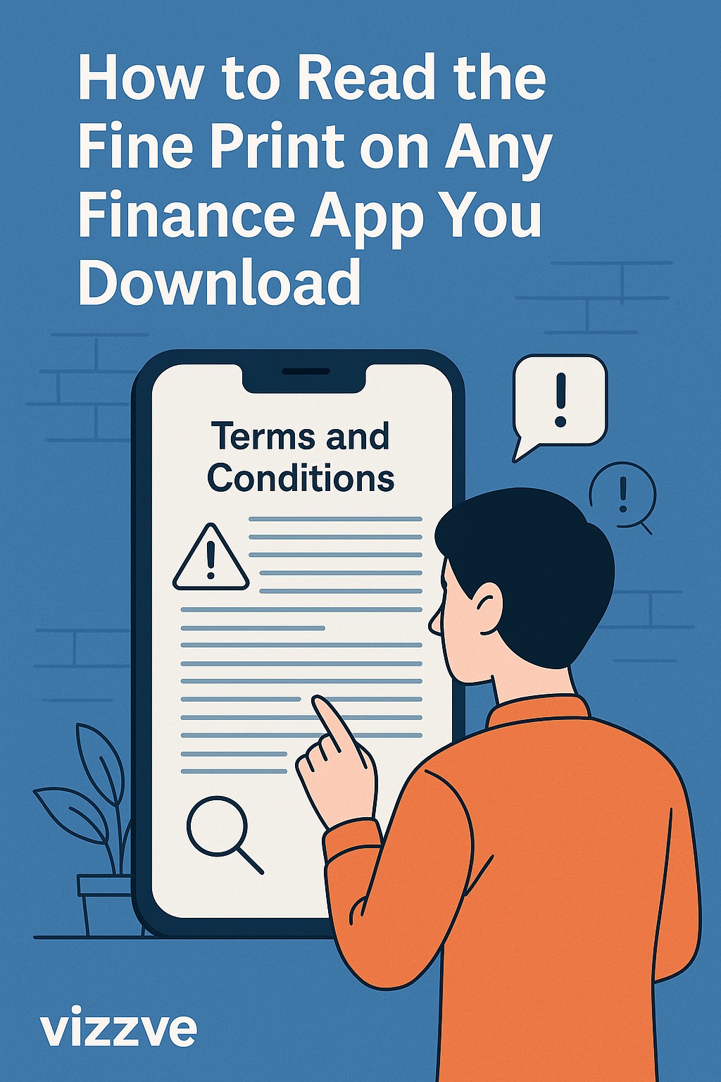 User reading terms and conditions on a mobile finance app with caution, Vizzve branding