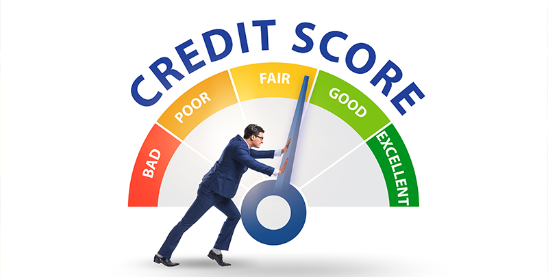 A worried person looking at a calendar marked with a late EMI date, and a credit score bar showing decline, with Vizzve logo