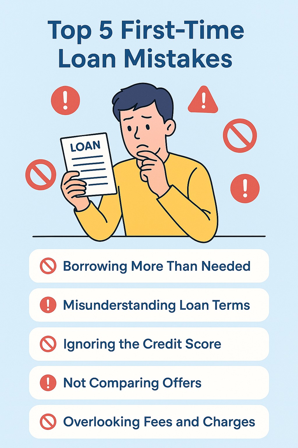 A confused young borrower reviewing loan documents with red warning signs and advice bubbles around.