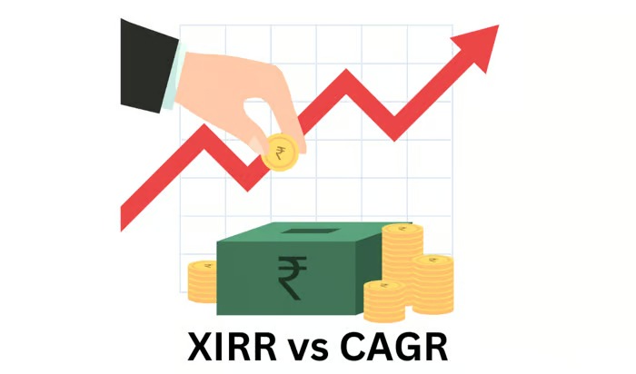 Graph showing mutual fund return comparison between CAGR and XIRR with a calculator and growth arrows