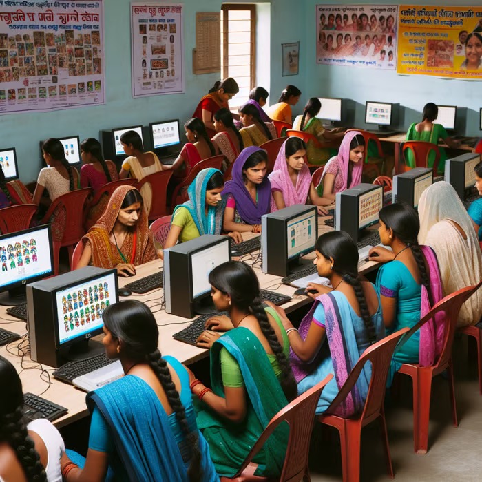 Young Indian villagers using laptops in AI training session