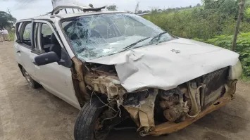 Wrecked car and motorcycle after accident in Nashik highway