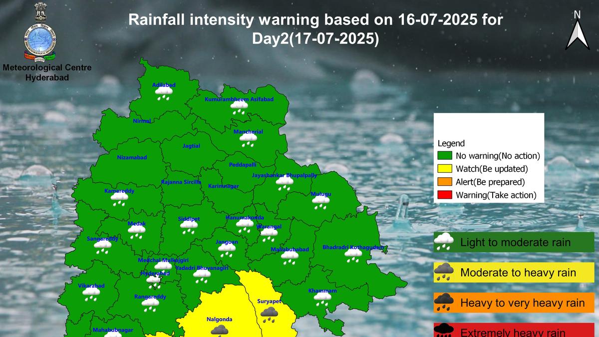 Heavy rainfall and thunderstorm warning map of Telangana for July 17
