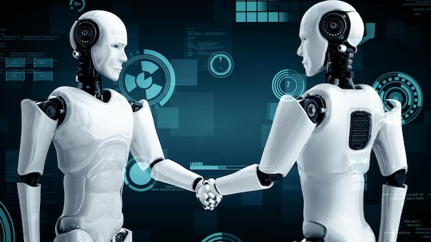 A humanoid AI robot shaking hands with a finance professional over a desk with charts and coins