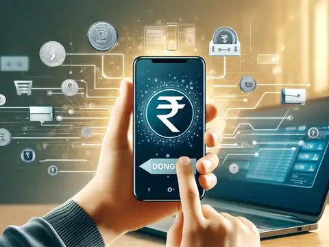 An illustration of a smartphone displaying a digital rupee symbol with virtual coins, signaling India’s shift to digital currency.