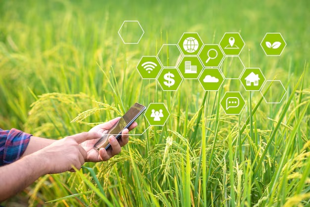 An Indian farmer using a smartphone in a green field, surrounded by icons of digital tools, finance apps, and weather tech.