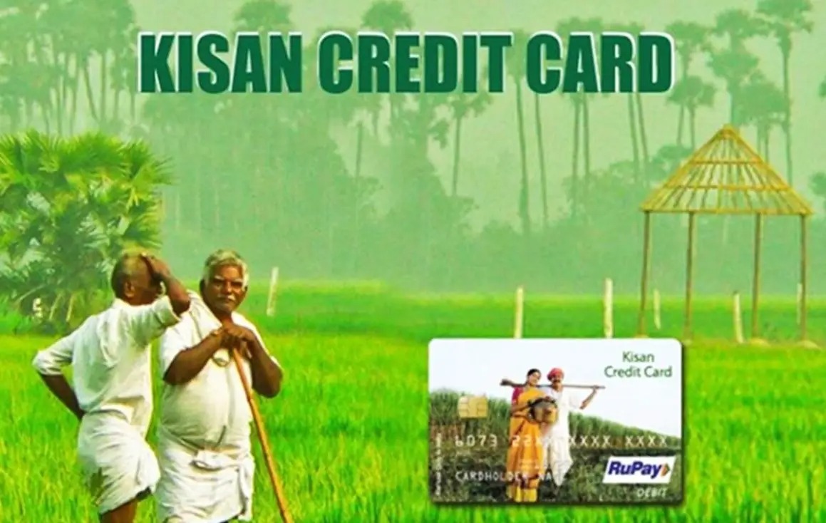 A split-screen illustration showing a rural farmer with a Kisan Credit Card and an urban professional managing credit cards with a finance app.
