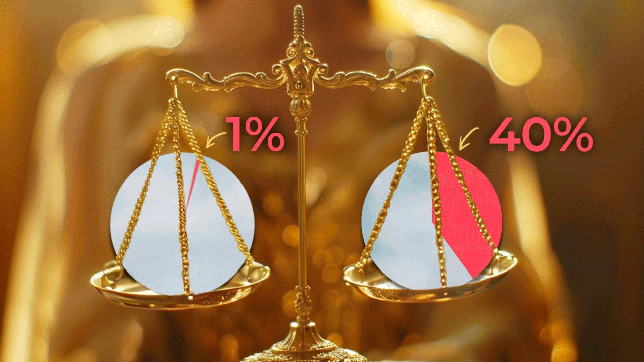 Illustration of India’s wealth pyramid showing 1% holding most of the wealth, with a person climbing a financial ladder on the side.