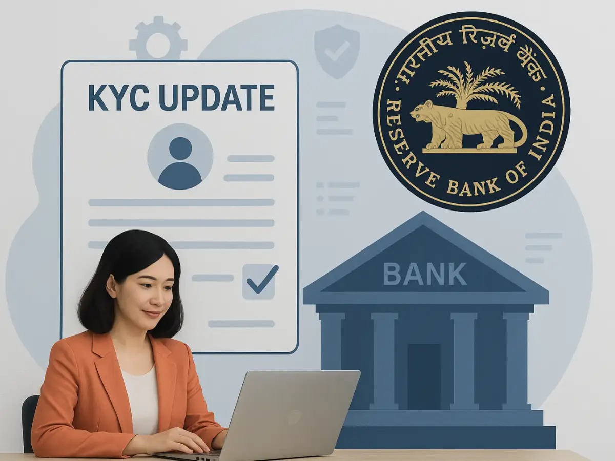 A person looking worried at a frozen bank account screen, while a mobile app shows “KYC Update Required” with RBI and Vizzve logos.