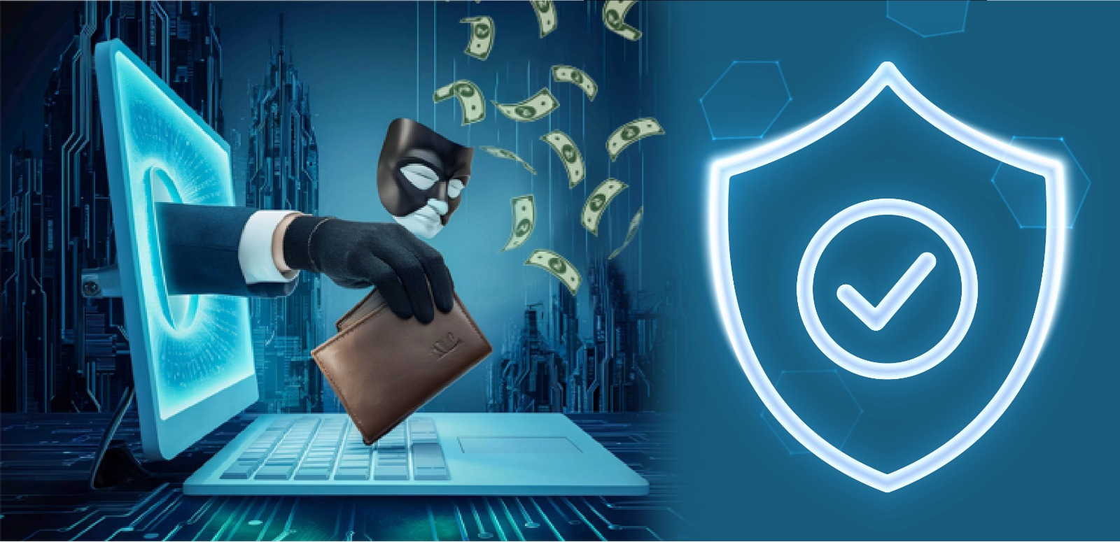 A digital loan scam warning on a mobile screen with a person shielding their credit report and Aadhaar card using a Vizzve shield.