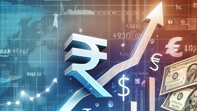 Indian Rupee currency symbol with dollar exchange rate showing recovery