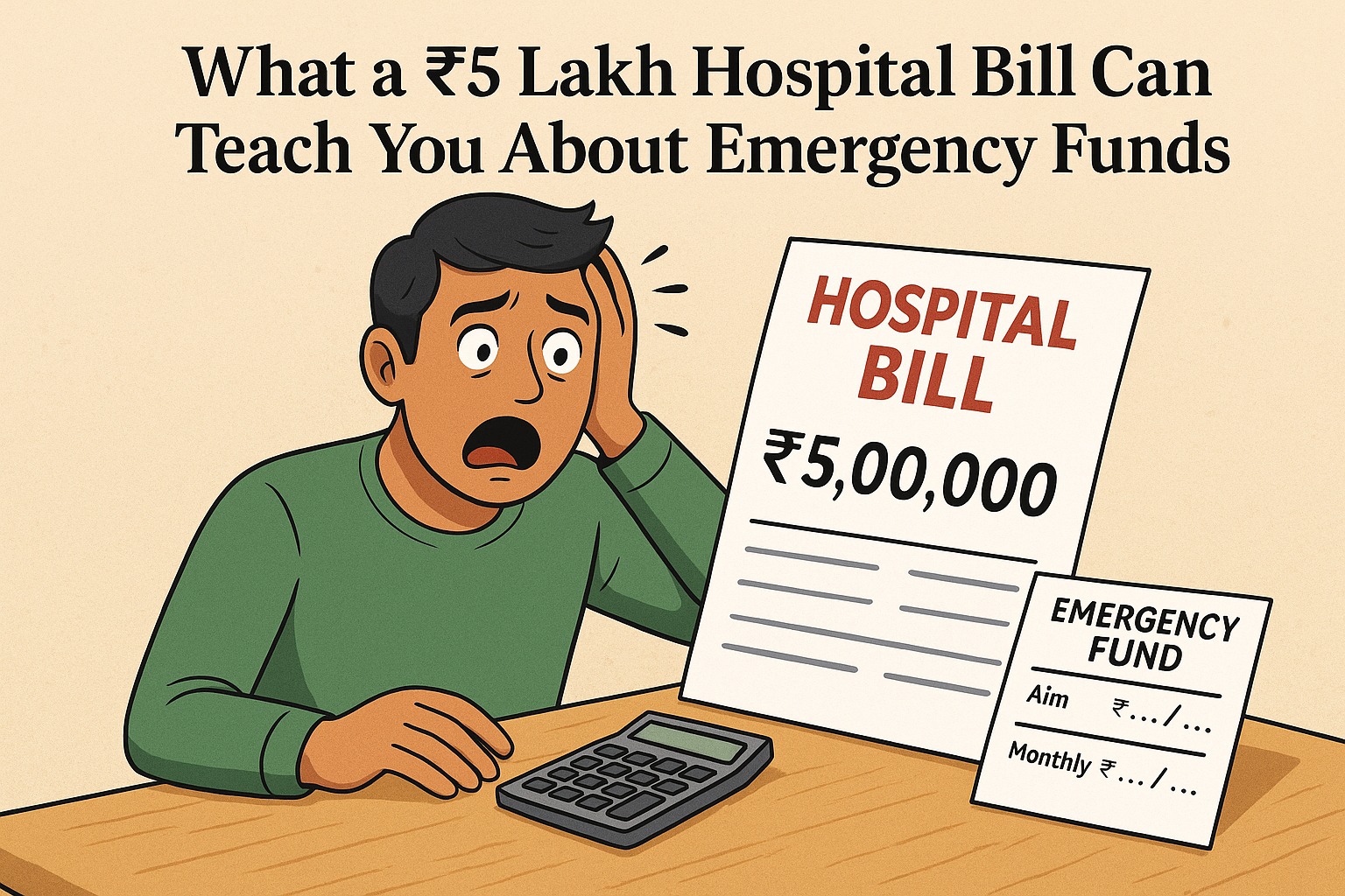Man shocked looking at ₹5 lakh hospital bill with emergency fund calculator beside him