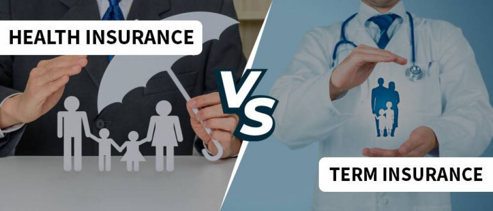 Comparison of term insurance and health insurance in India with icons and benefits