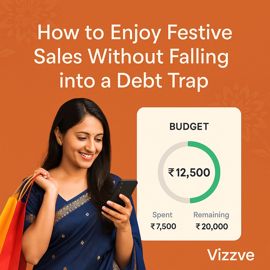 An Indian woman happily shopping online during Diwali sale, holding phone and budget tracker