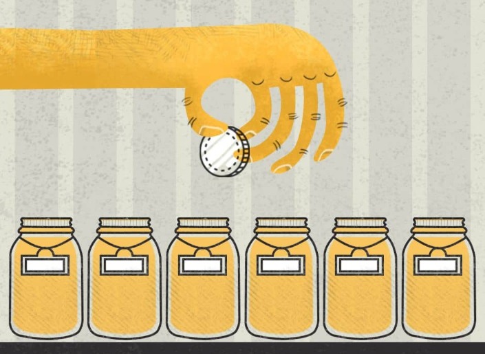 A colorful 5-jar money management infographic showing split percentages for salary budgeting