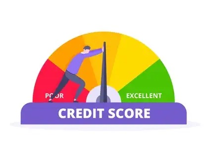 A digital credit score dashboard showing score improvement with icons of EMI, bills, and loans in an Indian setting