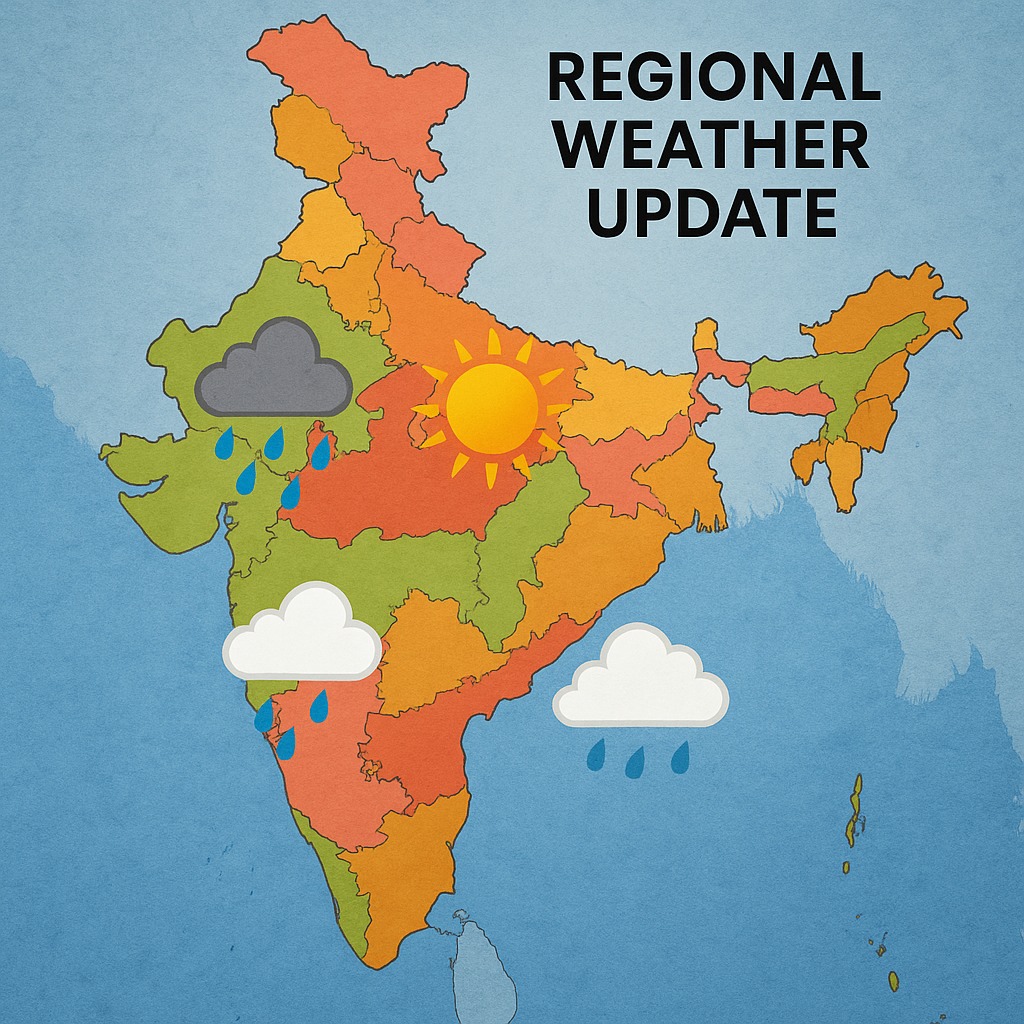 A map of India with rain clouds in the east, sun over the north, and scattered clouds in the south and west — symbolizing regional weather diversity.