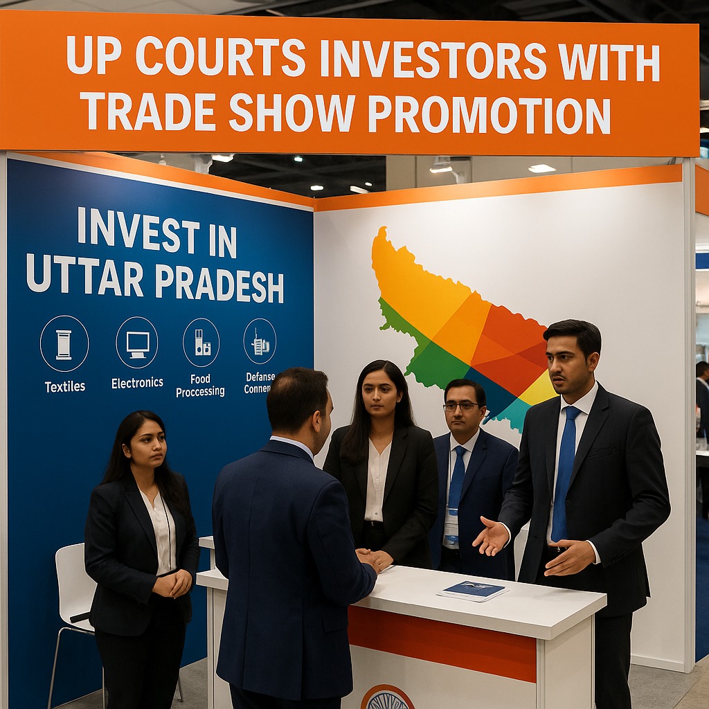 UP government officials presenting investment opportunities at a global trade expo with banners showcasing UP’s industrial sectors.