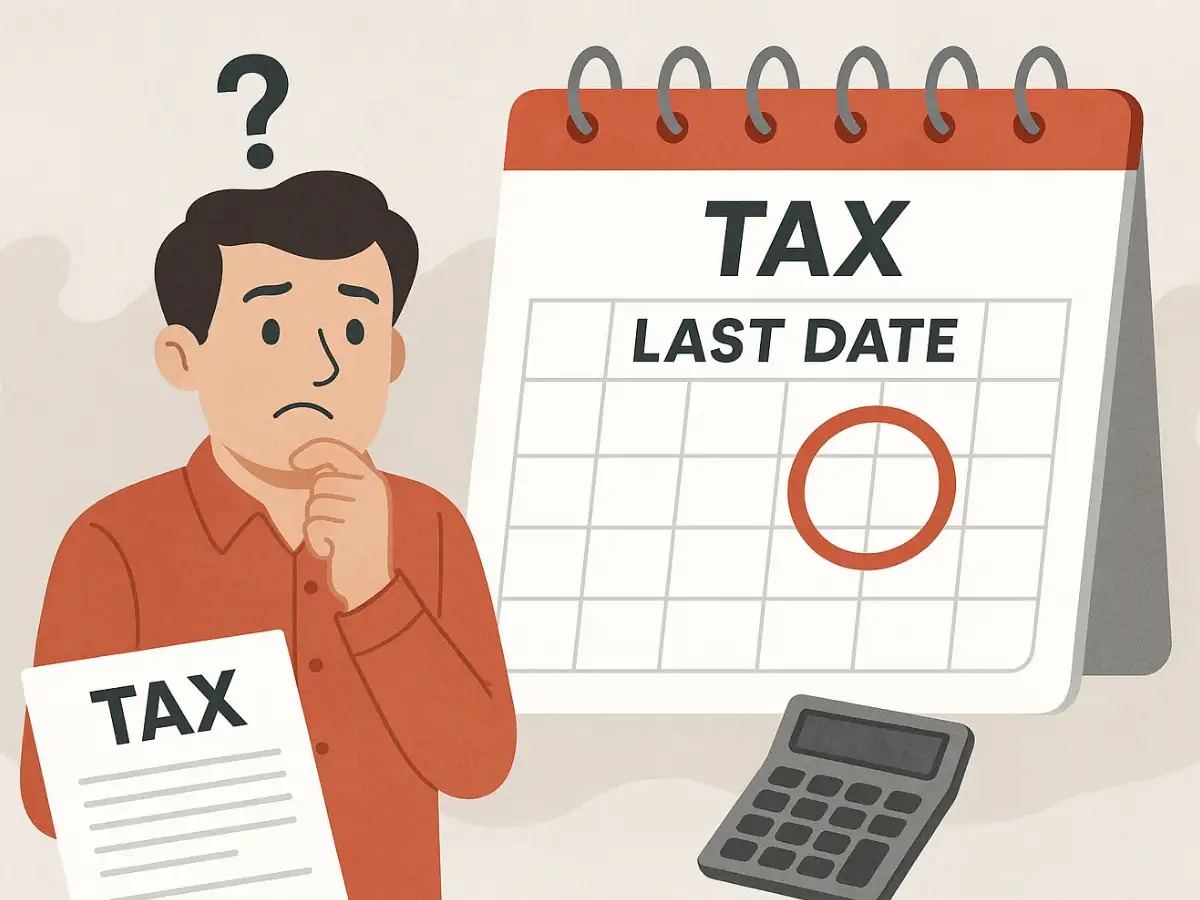 A person reviewing income tax return documents with July 2025 deadline marked on a calendar.