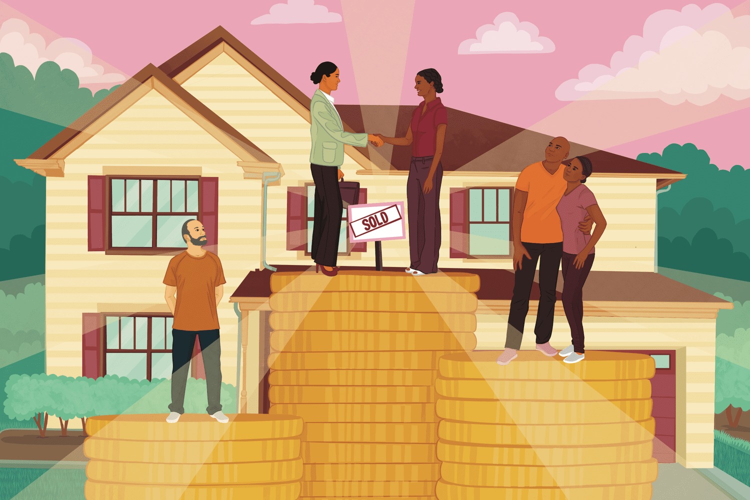 Home buyer comparing interest rates in front of a house graphic